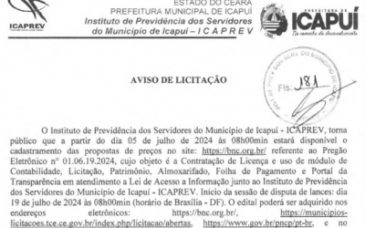 O ICAPREV torna público o cadastramento das propostas de preços referente ao Pregão Eletrônico nº 01.06.19.2024